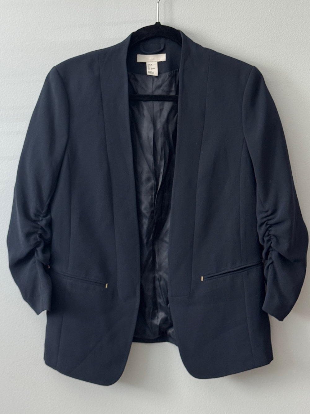 H&M Navy Open-Front Ruched-Sleeve Blazer